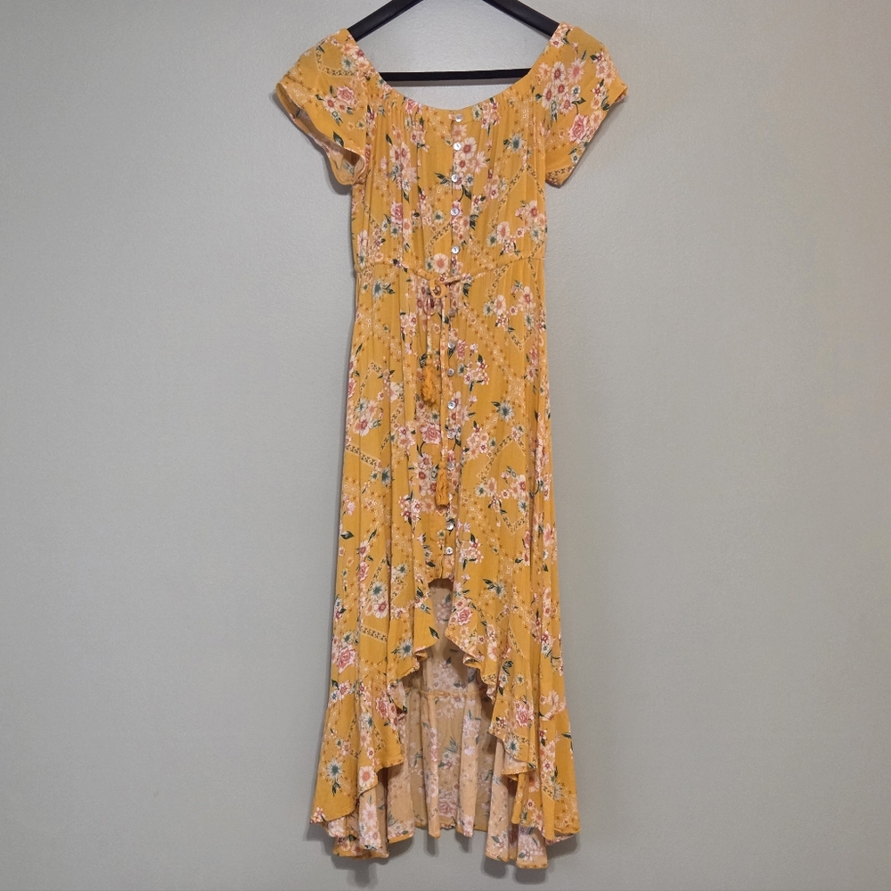 Abel The Label Yellow Floral Boho High Low Flowy Maxi Dress Sz L Cottagecore